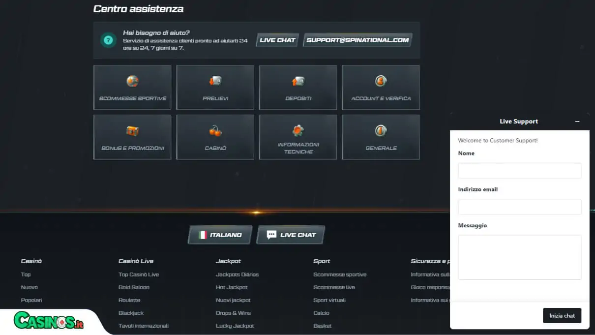 Spinational Casino Supporto