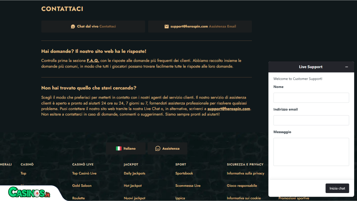 HeroSpin Casino Supporto