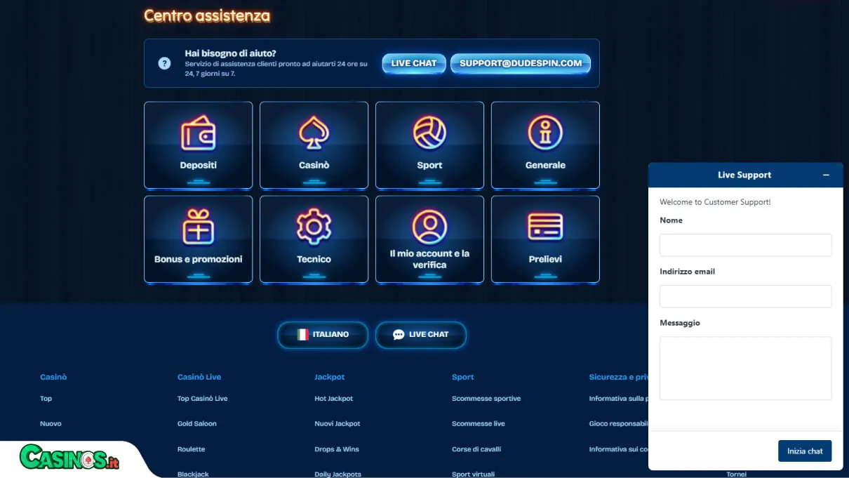Dudespin Casino Supporto