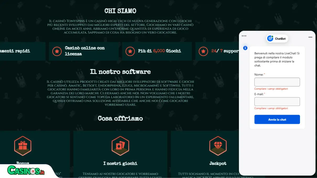 TonySpins Casino Supporto